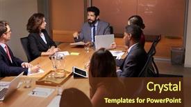  Presentation with blue and orange business people - PPT theme with business people at evening boardroom background and a tawny brown colored foreground