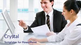  Presentation with young business people - Colorful slide deck enhanced with business people at the office backdrop and a  colored foreground