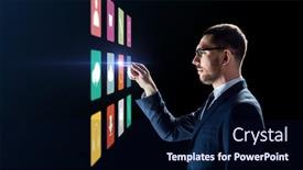  Presentation with augmented reality business - Audience pleasing theme consisting of business people augmented reality and future technology concept - businessman working with menu icons on virtual screen over black background backdrop and a navy blue colored foreground