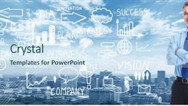  Presentation with innovation strategy - PPT theme with business people banner collage background background and a sky blue colored foreground