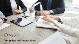  Presentation with financial reports - Colorful theme enhanced with business people brainstorming at office desk analyzing financial reports and working with laptops and tablets backdrop and a light gray colored foreground