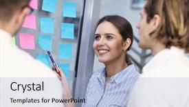  Presentation with ideas - Beautiful presentation theme featuring business people brainstorming their idea backdrop and a  colored foreground