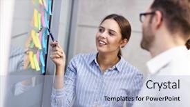  Presentation with group of people - Presentation theme having business people brainstorming their idea background and a  colored foreground