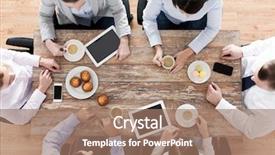  Presentation with team work - Cool new PPT theme with business people break and team backdrop and a coral colored foreground