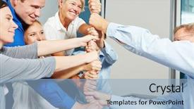  Presentation with team building - Cool new slide deck with business people building tower backdrop and a light blue colored foreground