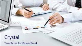  Presentation with people matter - Colorful theme enhanced with business people busy discussing financial backdrop and a sky blue colored foreground