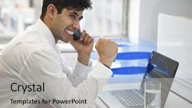  Presentation with cell phone towers - Slides with business people celebrating - excited businessman using cell phone background and a  colored foreground