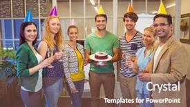 Presentation with creative - Slide set featuring business people celebrating a birthday background and a violet colored foreground