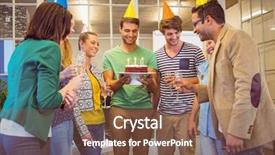  Presentation with double exposure of business people - Presentation design consisting of business people celebrating a birthday background and a  colored foreground