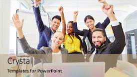  Presentation with start up business - Theme enhanced with business people celebrating in start background and a coral colored foreground