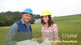  Presentation with business plan - Presentation having business people checking plan on construction site background and a tawny brown colored foreground