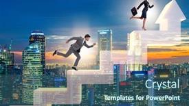  Presentation with business growth - Cool new PPT theme with business-people-climbing-bar-charts backdrop and a ocean colored foreground