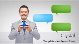  Presentation with business communication - Amazing presentation theme having business people communication and technology concept - happy businessman texting or reading message on smartphone over messenger text bubbles and gray background backdrop and a light gray colored foreground