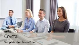  Presentation with team meeting - Beautiful presentation featuring business people and conference concept backdrop and a  colored foreground