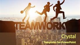  Presentation with crossing bridge - Audience pleasing slide set consisting of business people crossing bridge backdrop and a tawny brown colored foreground