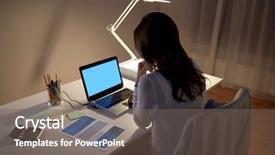  Presentation with technology - Slide set with business people deadline and technology concept - businesswoman with laptop at night office background and a gray colored foreground