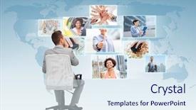  Presentation with office images - PPT theme featuring business people design and choice concept - businessman sitting in office chair and looking at different images over blue background from back background and a sky blue colored foreground
