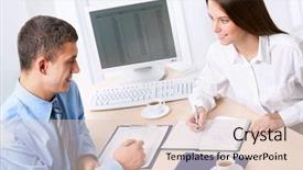  Presentation with new office - PPT theme consisting of business people discussing a new background and a lemonade colored foreground