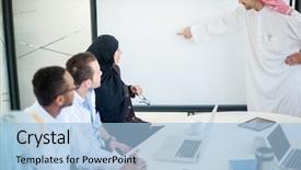  Presentation with business group meeting - Theme enhanced with gulf - group of business people discussing background and a light blue colored foreground