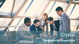  Presentation with data meeting - Cool new slide set with business people discussing data backdrop and a ocean colored foreground