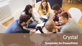  Presentation with office room - Presentation design consisting of business people discussing in meeting background and a violet colored foreground