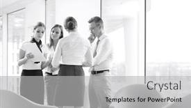  Presentation with lobby - Slides with business people discussing over documents in office lobby background and a light gray colored foreground