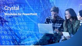  Presentation with business laptop globe satellite - Slides having business people discussing over laptop background and a  colored foreground