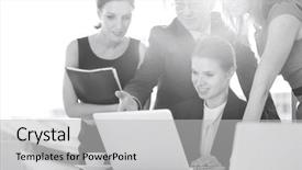  Presentation with cafeteria - Slide deck featuring business people discussing over laptop in office cafeteria background and a light gray colored foreground