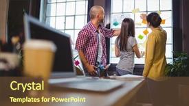  Presentation with stuck - PPT layouts having business people discussing over sticky notes stuck to window in creative office background and a tawny brown colored foreground