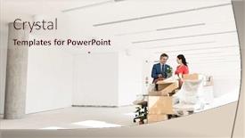  Presentation with five business people standing together and smiling - Colorful theme enhanced with business people discussing while standing by cardboard boxes in new office backdrop and a sky blue colored foreground