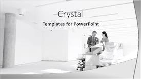  Presentation with new office - PPT theme enhanced with business people discussing while standing by cardboard boxes in new office background and a white colored foreground