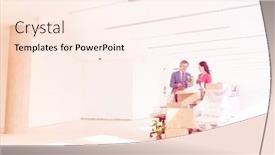  Presentation with new office - Beautiful slide set featuring business people discussing while standing by cardboard boxes in new office backdrop and a cream colored foreground
