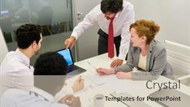  Presentation with financial analysis - Theme featuring business-people-doing-financial-analysis background and a soft green colored foreground