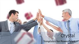  Presentation with checks - Cool new presentation with business people doing hands checks against white and red gift box backdrop and a light blue colored foreground