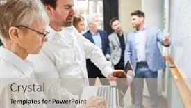  Presentation with business research - Presentation design consisting of business-people-doing-research background and a mint green colored foreground