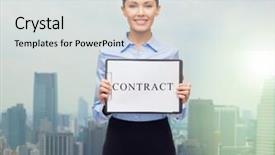  Presentation with employment law - Slide set enhanced with business people employment and law concept - young smiling businesswoman holding clipboard and contract over city background background and a light gray colored foreground