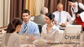  Presentation with lunch - Presentation theme having business people enjoy lunch meal background and a coral colored foreground