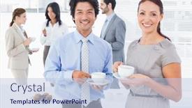  Presentation with people enjoying - Colorful PPT theme enhanced with business people enjoying their drinks while chatting backdrop and a light blue colored foreground