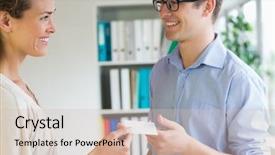  Presentation with young business people - Colorful presentation theme enhanced with business people exchanging visiting card backdrop and a  colored foreground