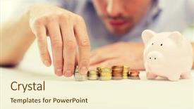  Presentation with saving - Colorful theme enhanced with business people finances and money saving concept - close up of businessman with piggy bank and coins backdrop and a cream colored foreground