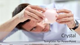  Presentation with piggy bank - Slide deck with business people finances crisis background and a light blue colored foreground