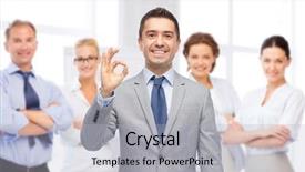  Presentation with office room - Amazing presentation theme having business people gesture and success concept - happy smiling businessman in suit with team over office room background showing ok hand sign backdrop and a light gray colored foreground