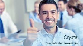  Presentation with business group meeting - Theme enhanced with business people gesture and teamwork concept - smiling businessman showing thumbs up with group of businesspeople meeting in office background and a sky blue colored foreground