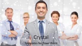  Presentation with partnership - Slide set consisting of business people gesture partnership and greeting concept - happy smiling businessman in suit with team giving hand for handshake over office room background and snow effect background and a light gray colored foreground