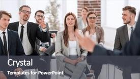  Presentation with leader - Audience pleasing theme consisting of business people giving a speech backdrop and a dark gray colored foreground