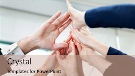  Presentation with giving - Amazing PPT theme having business people giving high-five backdrop and a coral colored foreground