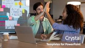  Presentation with business people moving gear - Colorful slide deck enhanced with business people giving high five backdrop and a violet colored foreground