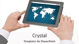  Presentation with computer network - PPT theme consisting of business people global communication network and technology concept - close up of man hands holding tablet pc computer with world map on screen background and a sky blue colored foreground