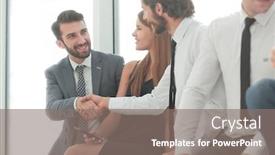  Presentation with handshake - PPT theme with business-people-greet-each background and a gray colored foreground