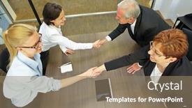  Presentation with conference table - Slide deck with business-people-greet-each background and a coral colored foreground